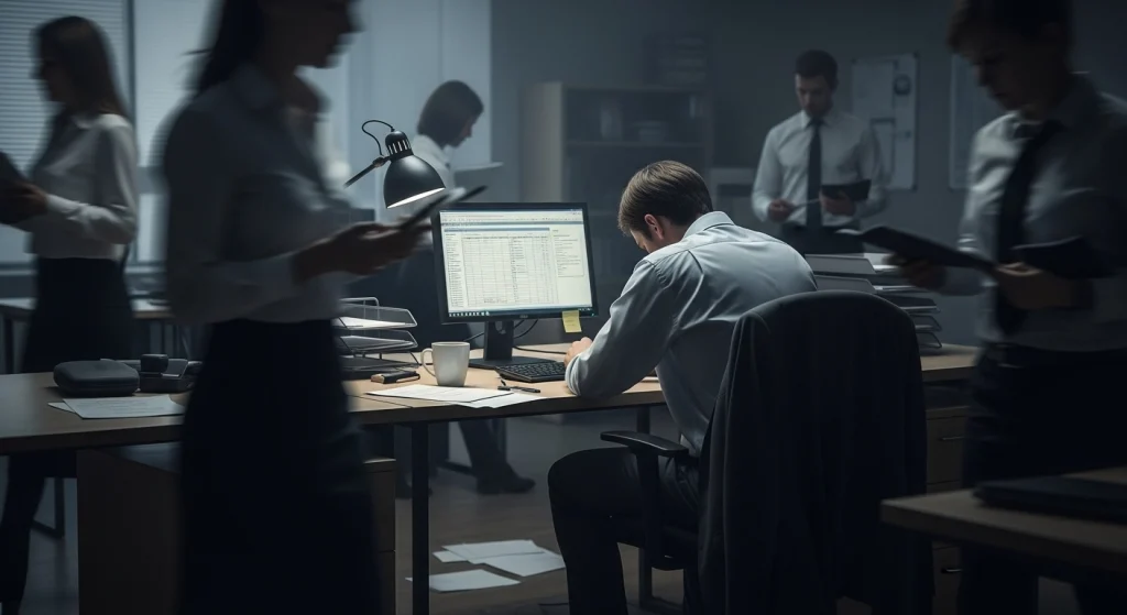 A stressed employee working late in an office surrounded by coworkers, representing employee turnover and the real reasons people leave their jobs.
