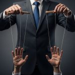 Businessman in a suit holding puppet strings attached to another person’s hands, visually representing micromanagement, control, and power imbalance in the workplace.