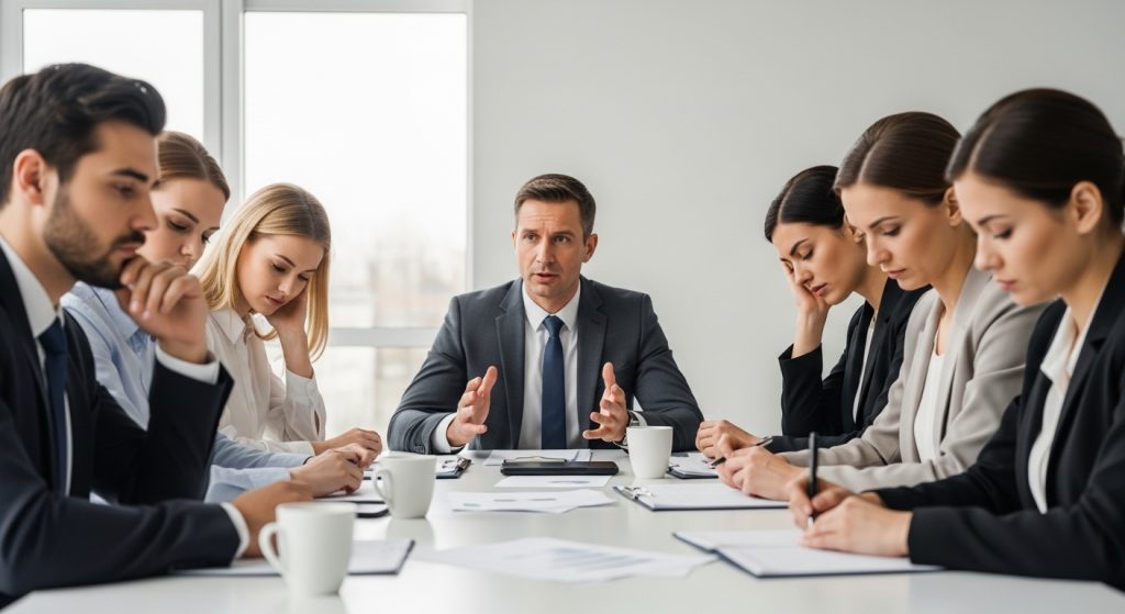 Business meeting in a modern office. A male team leader speaks while six employees sit around a table, appearing disengaged, frustrated, or deep in thought. Papers, notebooks, and coffee cups are on the table. The scene illustrates miscommunication, shallow listening, and team misalignment.