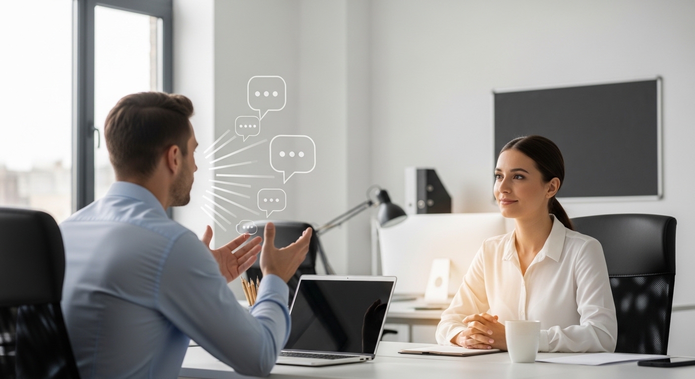 Man speaking and gesturing across a desk while a woman listens attentively in a modern office setting