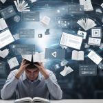 A stressed student sits at a desk with an open book, holding his head in frustration, while digital screens, charts, video icons, and floating books swirl around him—symbolizing information overload and the misconception that completing courses, consuming content, or tracking metrics automatically equals real learning.