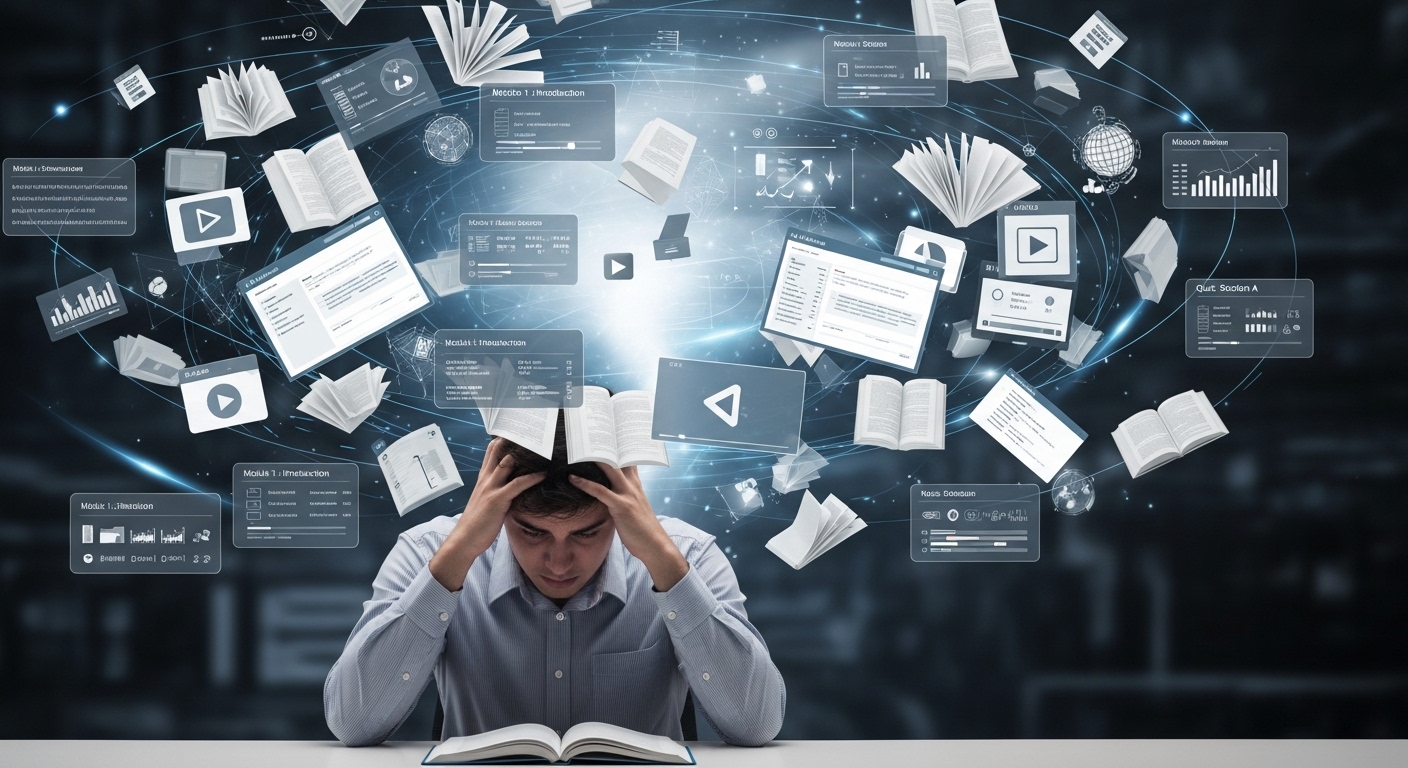 A stressed student sits at a desk with an open book, holding his head in frustration, while digital screens, charts, video icons, and floating books swirl around him—symbolizing information overload and the misconception that completing courses, consuming content, or tracking metrics automatically equals real learning.